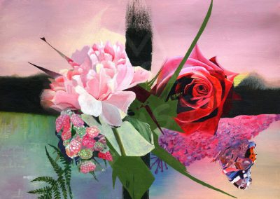 Floral painting with semi abstract landscape. Pink Peony, Red Rose, Buddleja, Red Admiral Butterfly
