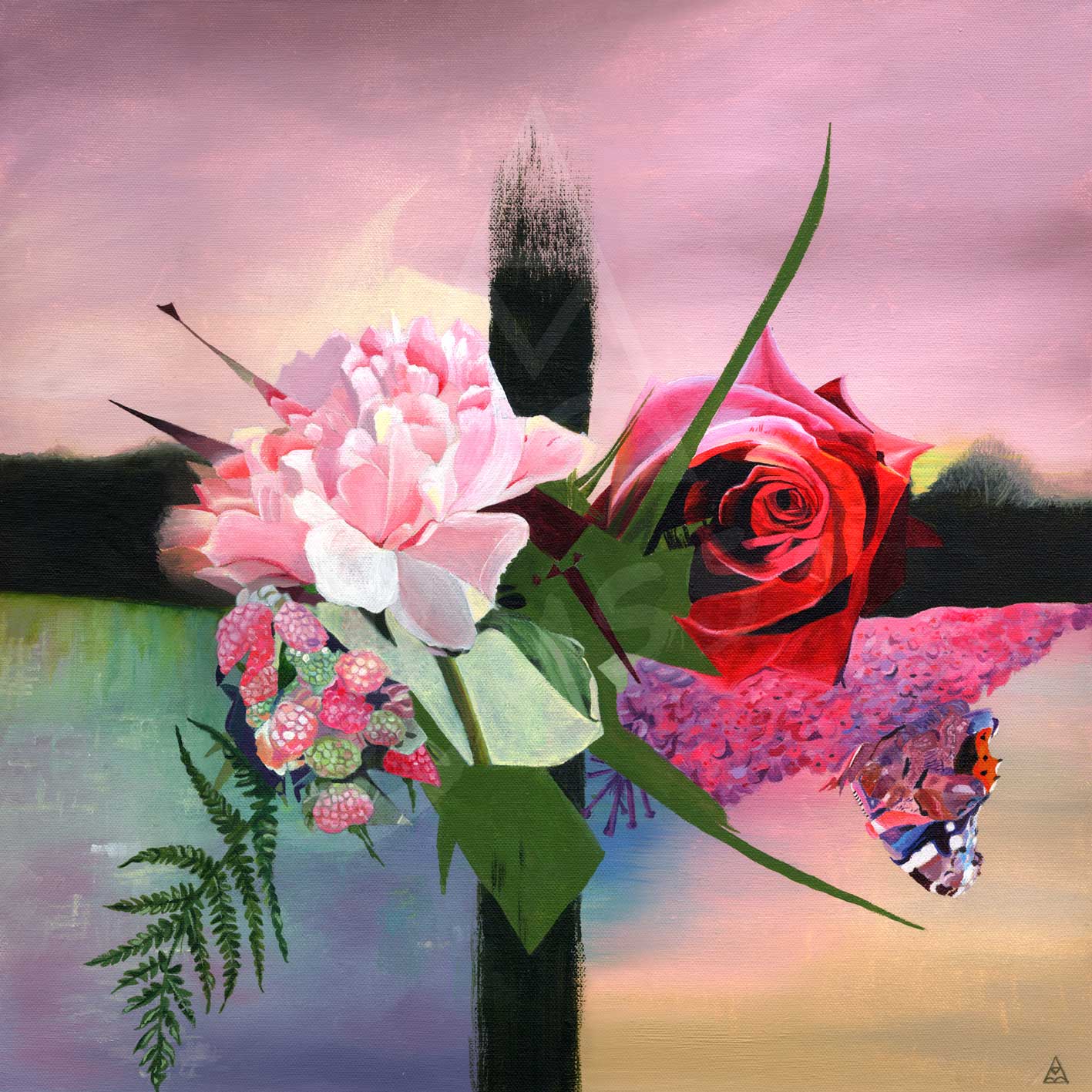 Floral painting with semi abstract landscape. Pink Peony, Red Rose, Buddleja, Red Admiral Butterfly