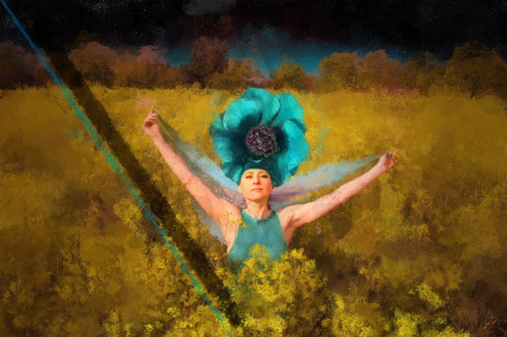 Painting of girl with a Blue Poppy Headdress, Busby Berkeley, Technicolor, Digital Painting by Anna-Marie Buss